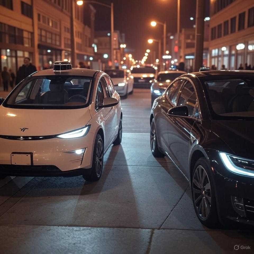Busy Seattle street, autonomous cars, crooked old car.