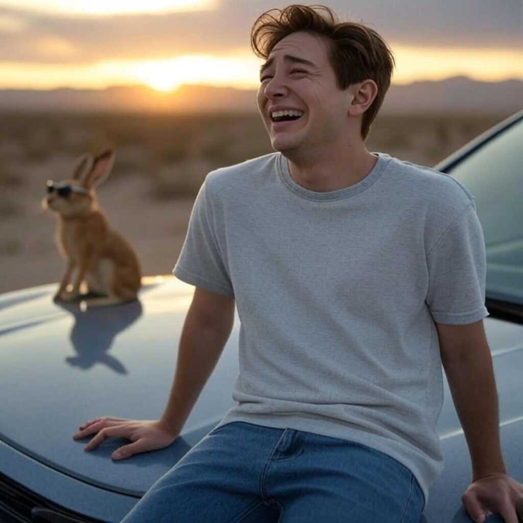 Laughing man on EV, jackrabbit sunglasses, desert sunset.