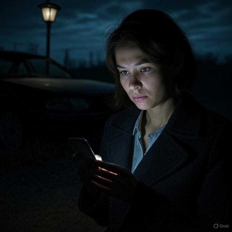 Noir lot, lost person, glowing phone, driverless car.