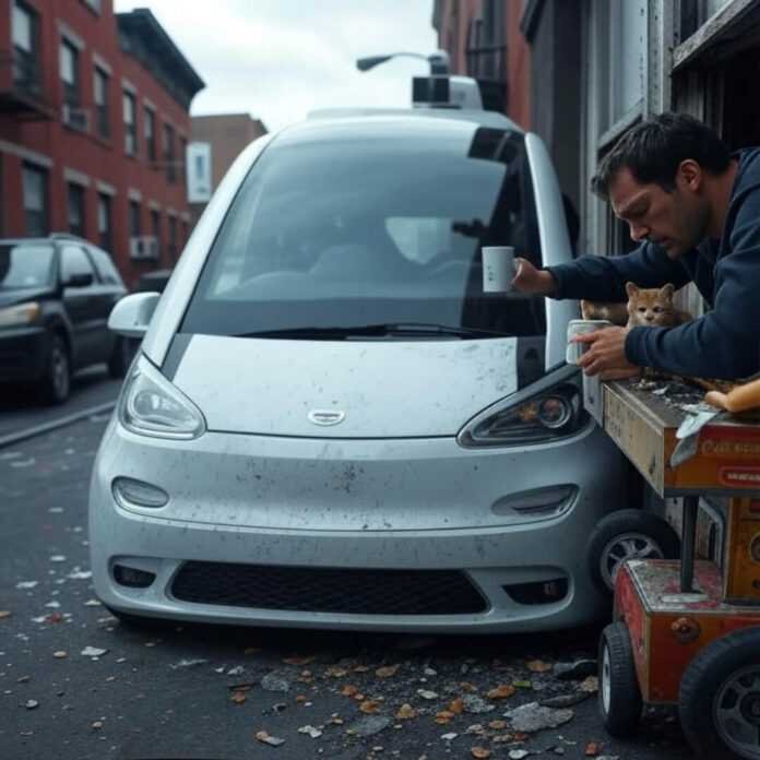 Me, sipping coffee, eyeing this self-driving car while a cat and hot dog cart make it real.
