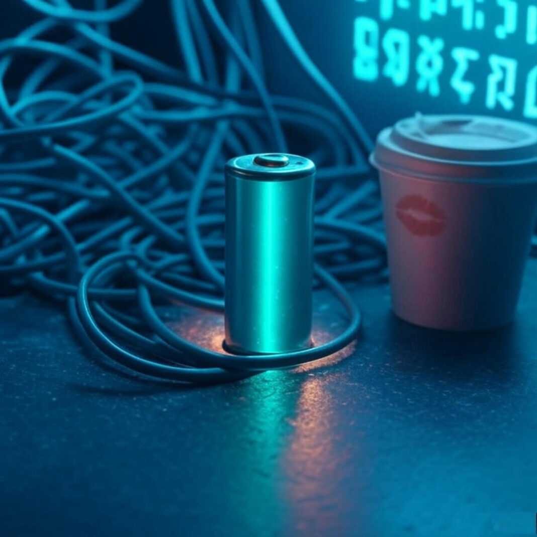 Glowing battery, tangled cables, coffee cup, futuristic vibe. Glowing battery, tangled cables, coffee cup, futuristic vibe.