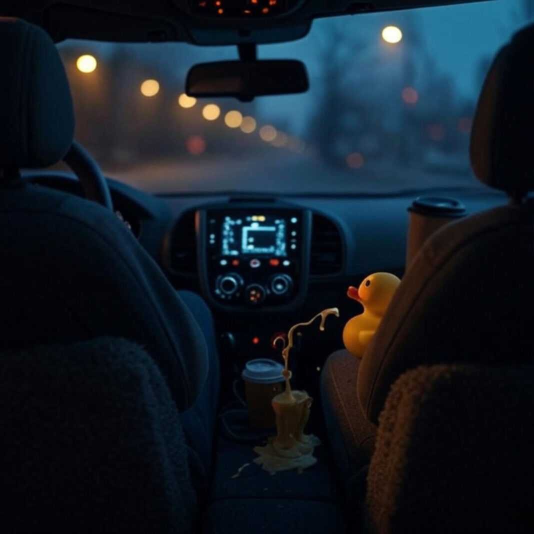 Blurry car interior, glowing AI, spilling coffee, rubber duck.