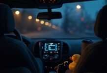 Cars That Think: How AI and Machine Learning Are Creating Personalized Driving Experiences Blurry car interior, glowing AI, spilling coffee, rubber duck.