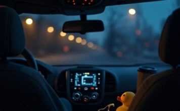 Cars That Think: How AI and Machine Learning Are Creating Personalized Driving Experiences Blurry car interior, glowing AI, spilling coffee, rubber duck.