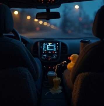 Cars That Think: How AI and Machine Learning Are Creating Personalized Driving Experiences Blurry car interior, glowing AI, spilling coffee, rubber duck.