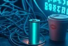 The Next Generation of EV Batteries: Solid-State, Ultra-Fast Charging, and Beyond Glowing battery, tangled cables, coffee cup, futuristic vibe.