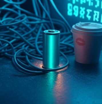 The Next Generation of EV Batteries: Solid-State, Ultra-Fast Charging, and Beyond Glowing battery, tangled cables, coffee cup, futuristic vibe.