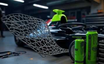 The Role of 3D Printing in Building Faster, Lighter Race Cars Blurry racecar build with 3D wing, neon can.