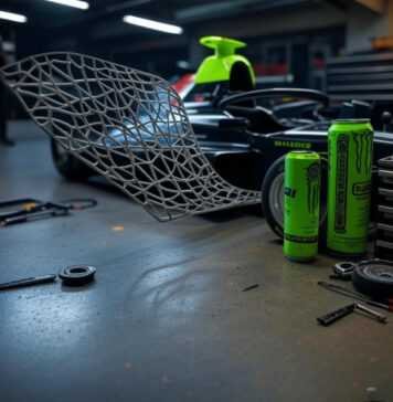 The Role of 3D Printing in Building Faster, Lighter Race Cars Blurry racecar build with 3D wing, neon can.