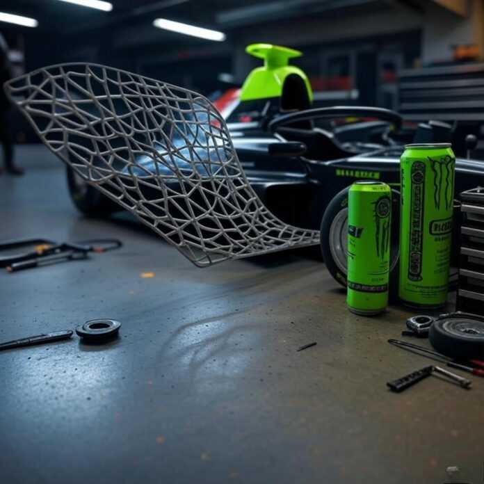 Blurry racecar build with 3D wing, neon can. Blurry racecar build with 3D wing, neon can.