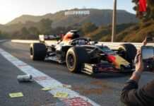 From ‘Drive to Survive’ to Hollywood: How Formula 1 Became Mainstream Blurry F1 car races by Hollywood sign, spilled drink.