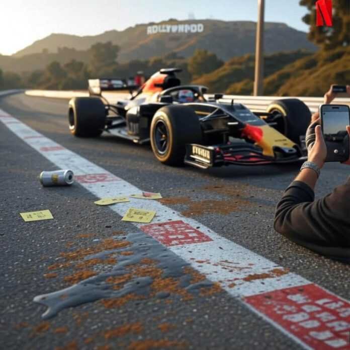 Blurry F1 car races by Hollywood sign, spilled drink. Blurry F1 car races by Hollywood sign, spilled drink.