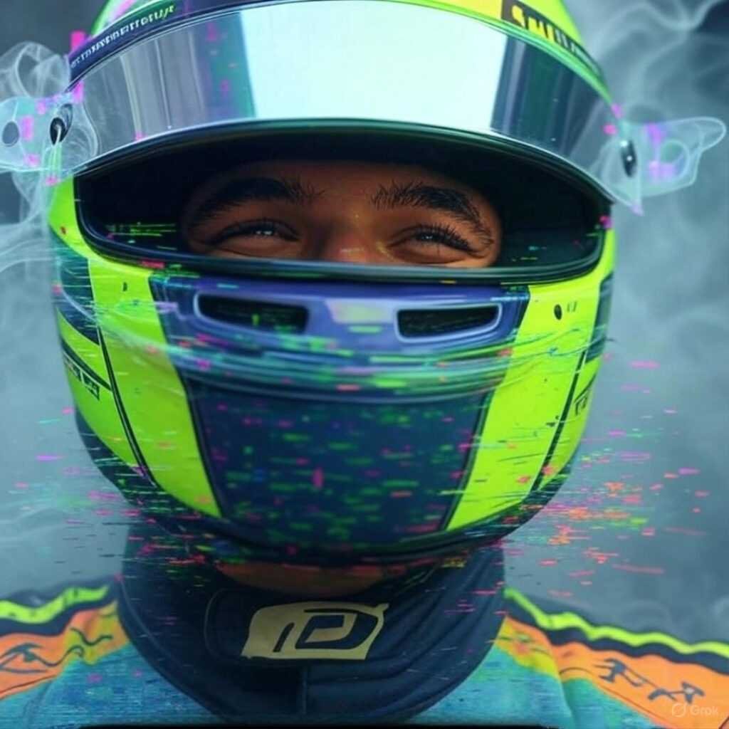 Lando's helmet on pit wall, glitchy digital overlay.