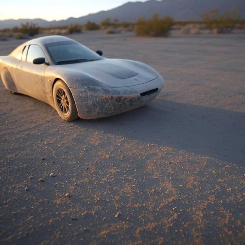 Tired ground shot, solar car in dust.