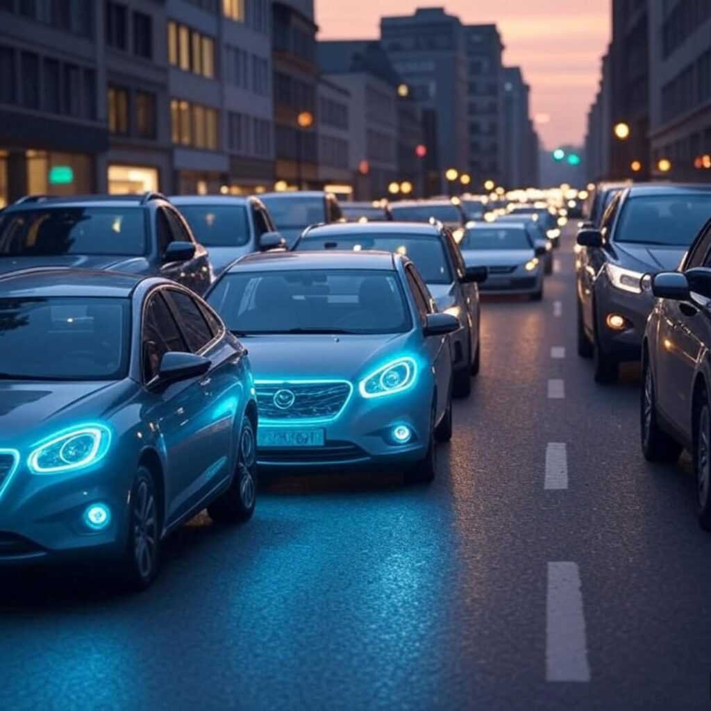 Dusk city street, cars linked by glowing 5G.
