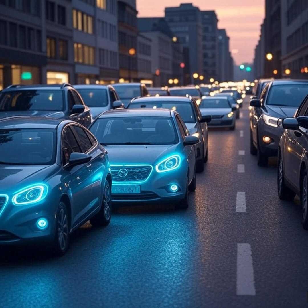 Dusk city street, cars linked by glowing 5G.