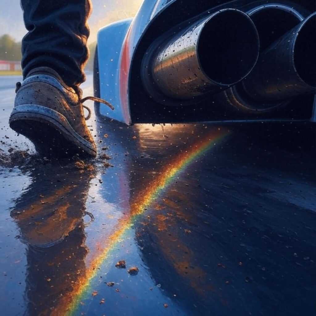 Hydrogen racecar exhaust, muddy sneaker, rainbow puddle.
