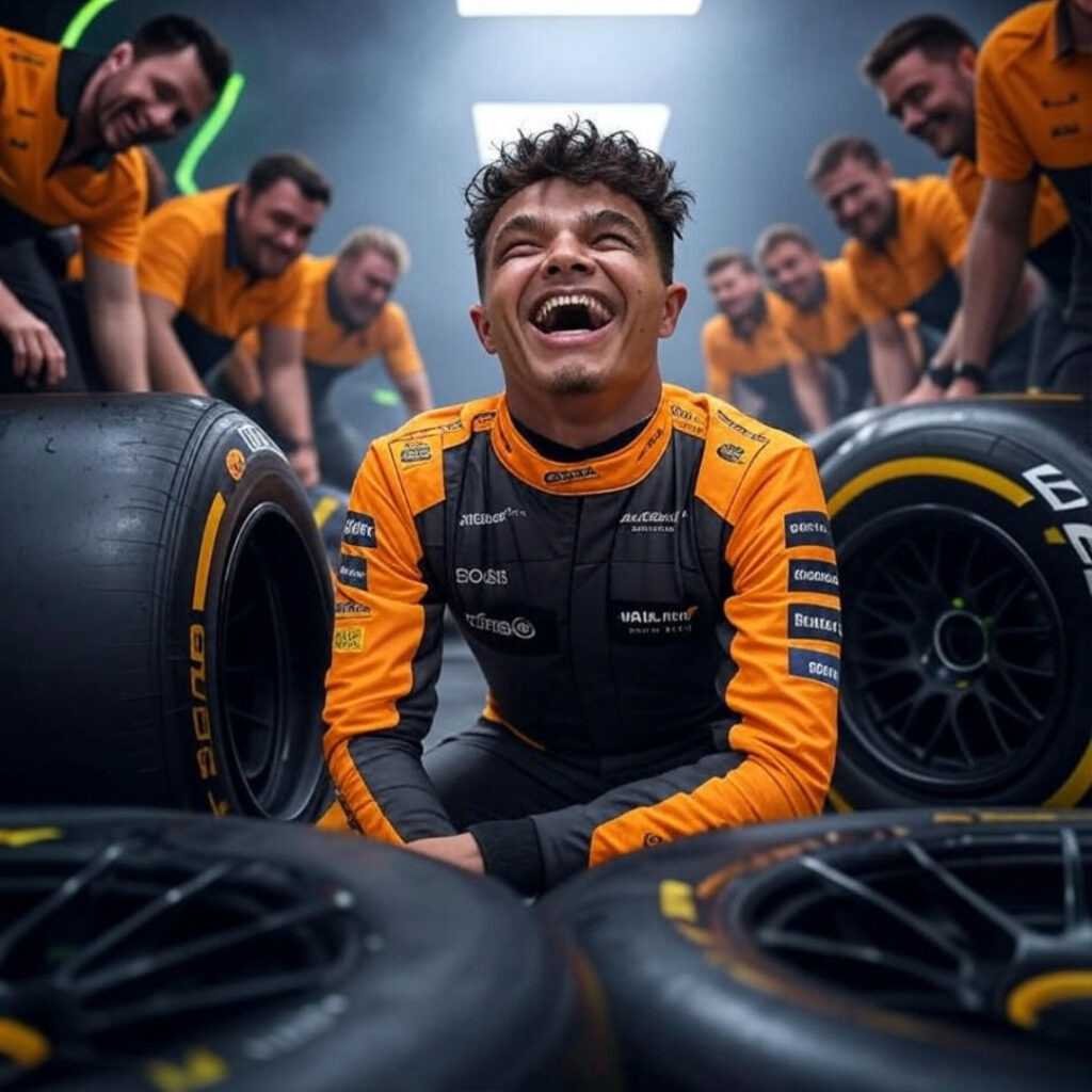 Lando joking with McLaren crew, low angle shot.