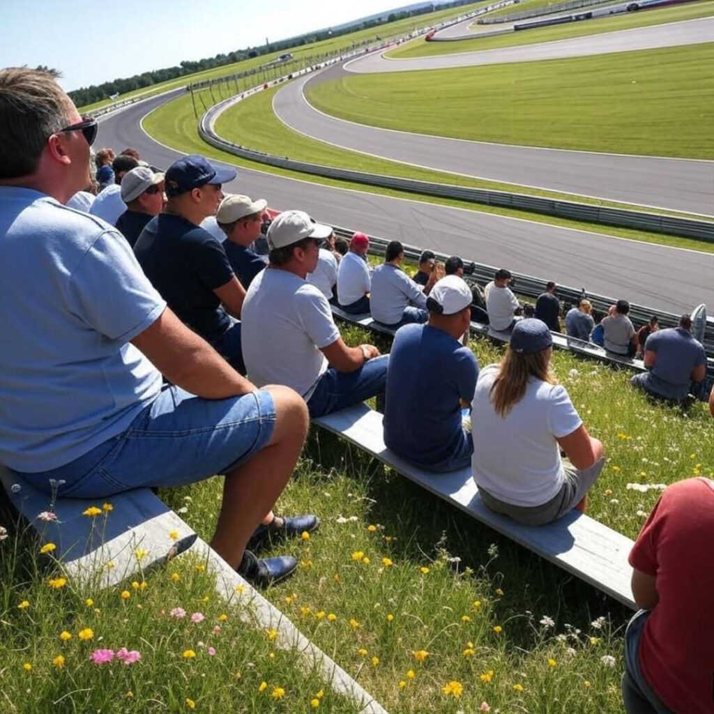 Crooked view of grassy racetrack with wildflowers.