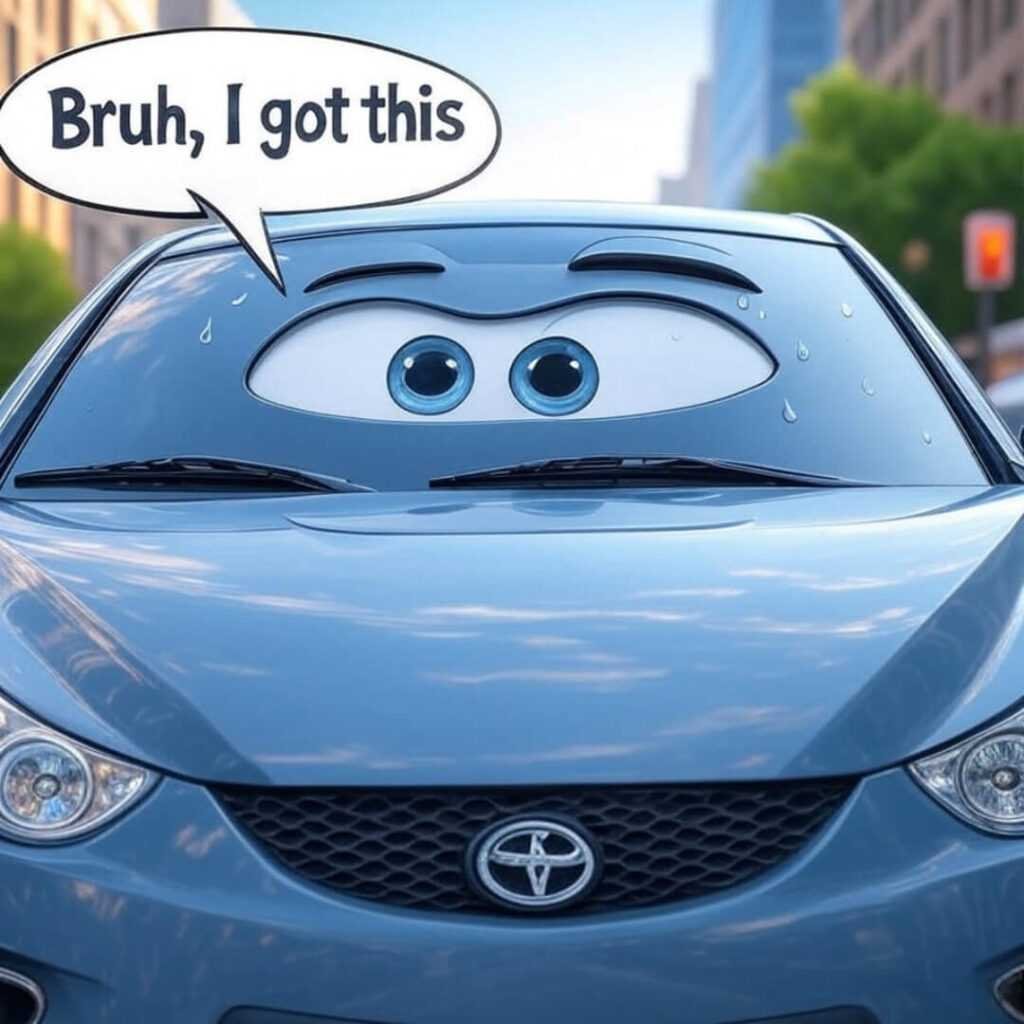Cartoon car AI confident, sweating driver, speech bubble.