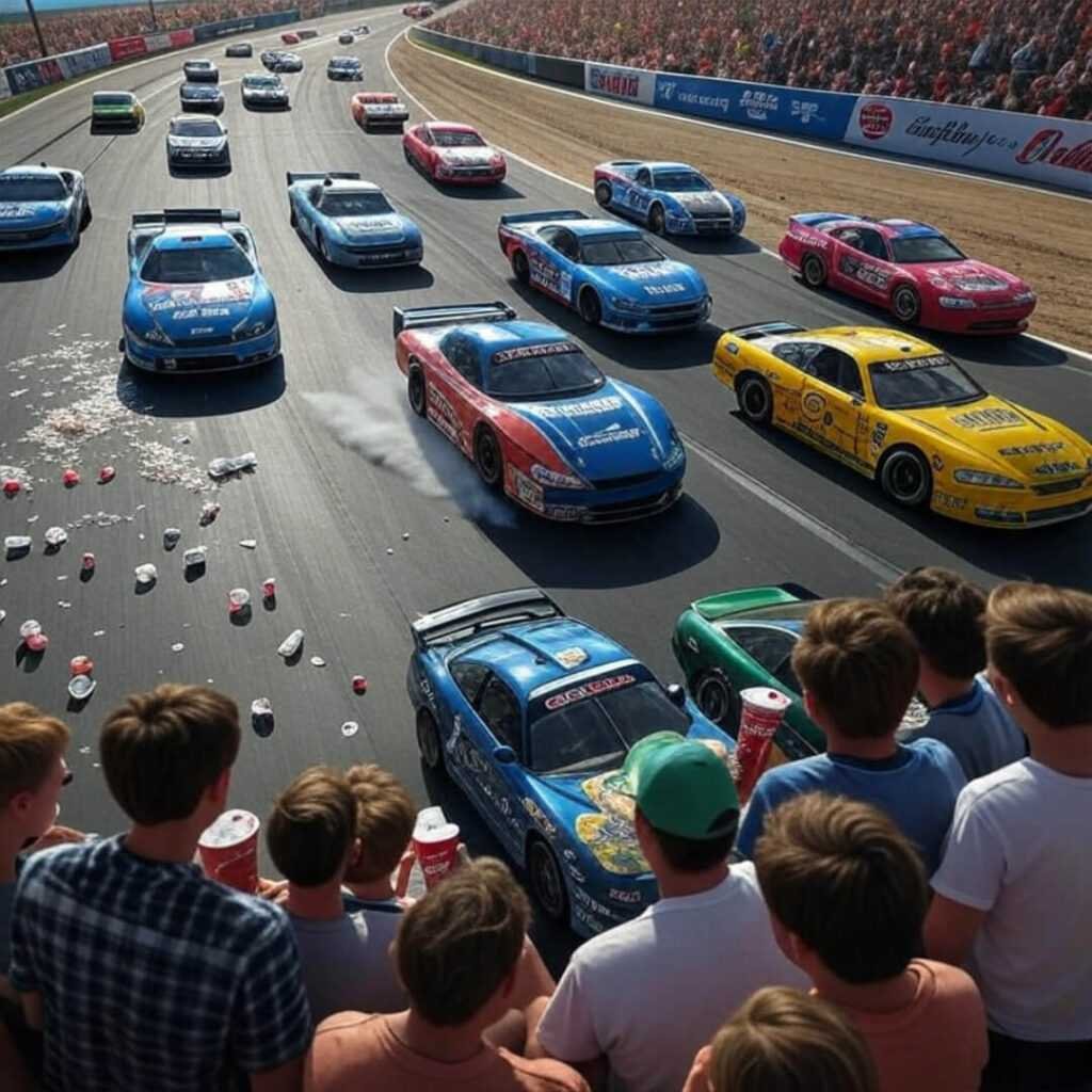 Wobbly overhead race view, spilled soda, chaos.