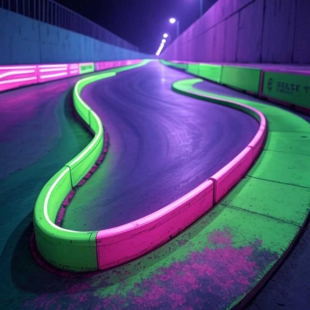 Surreal Formula E 2025 track glowing, hinting at sustainable racing.