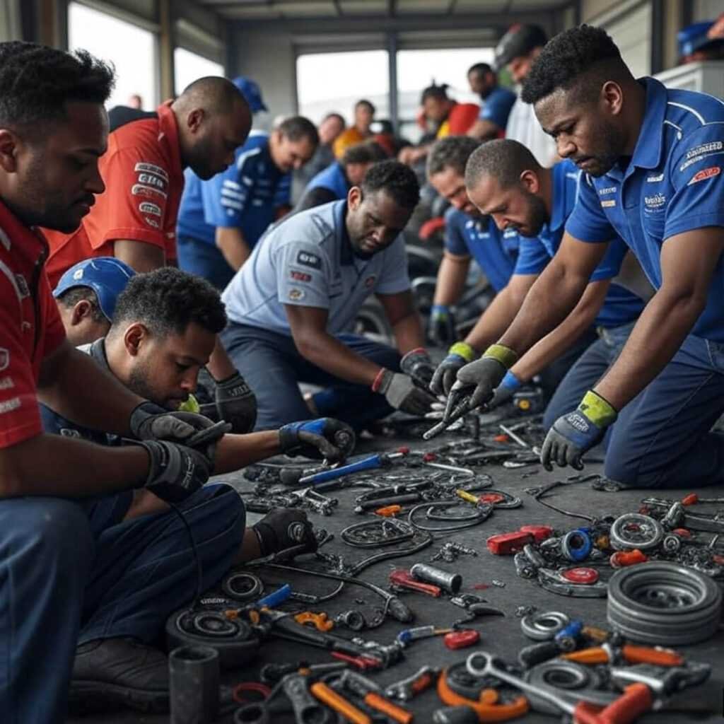 Grainy pit crew chaos with recycled tools.