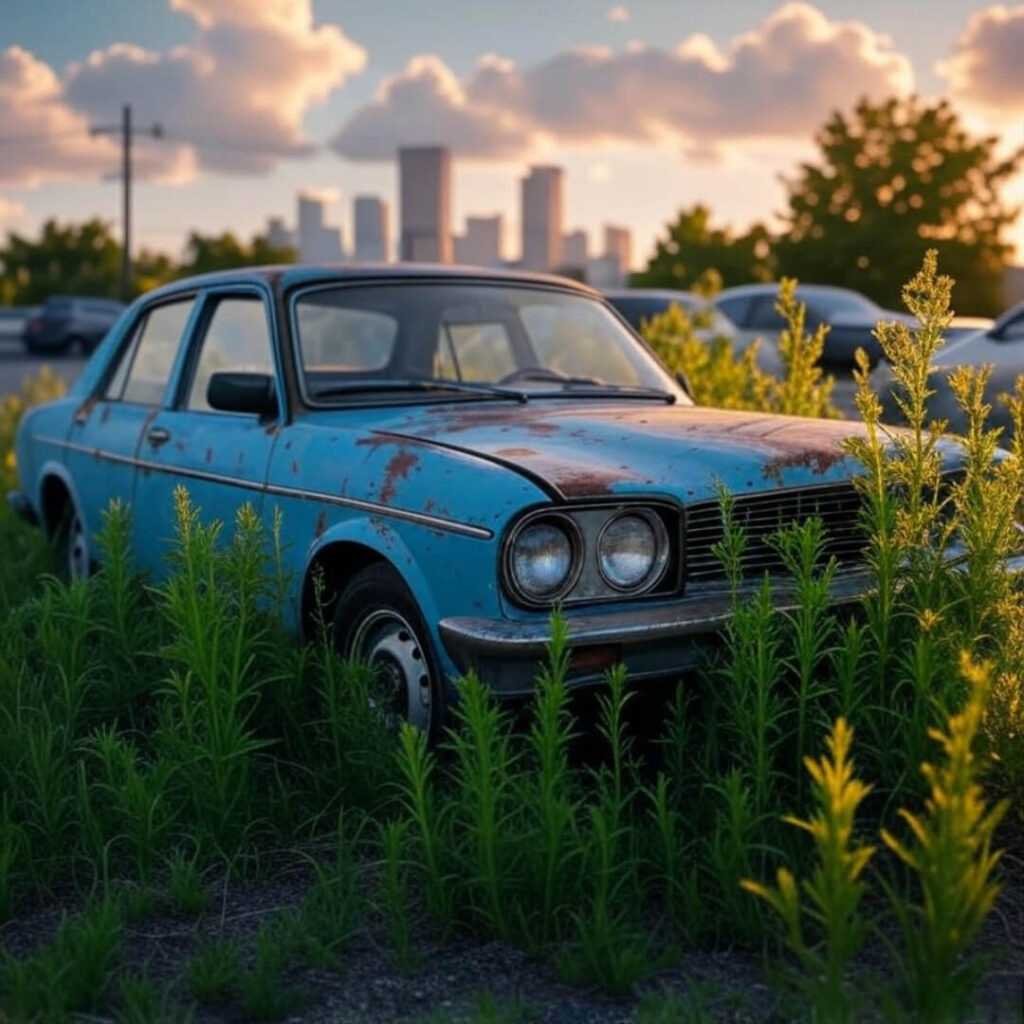 Dreamy recycled car in weedy city lot painting.