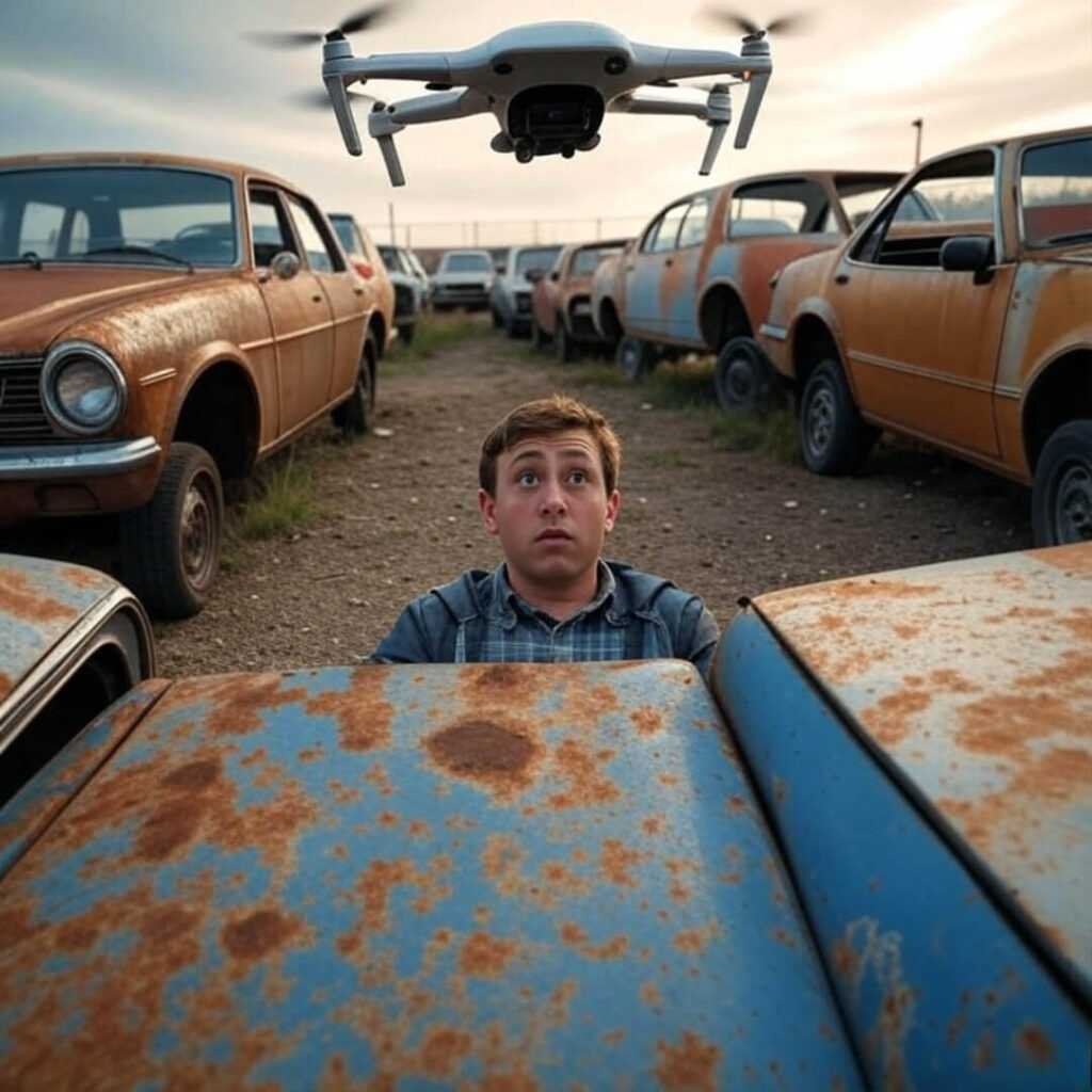 Rusty junkyard with drone, confused person standing.