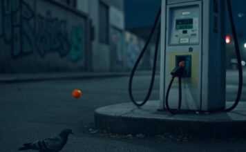 Hydrogen vs. Electric Cars: Which Will Power the Future? Blurry hydrogen pump, soda can, orange spark glow.