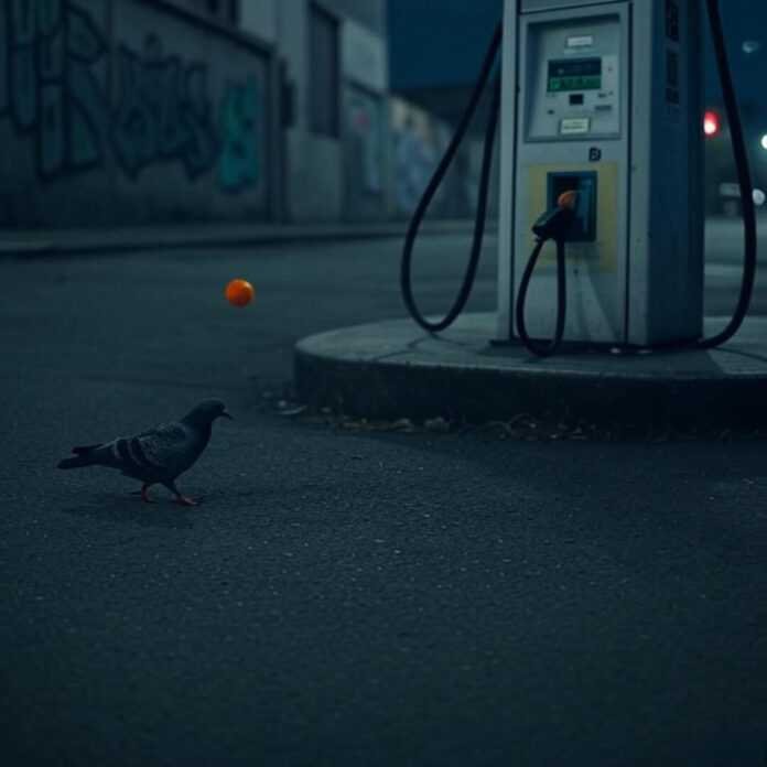 Blurry hydrogen pump, soda can, orange spark glow. Blurry hydrogen pump, soda can, orange spark glow.