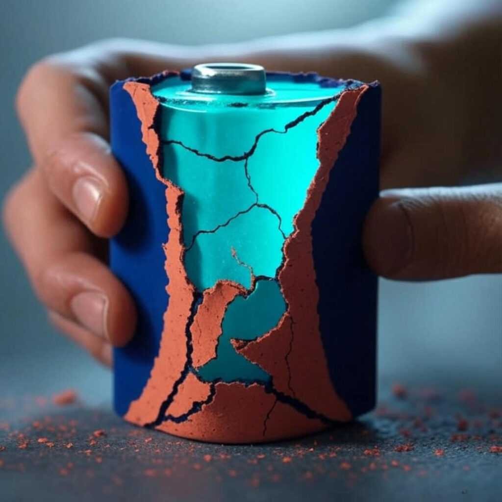 Cracked battery, glinting layers, nervous hands, teal glow.