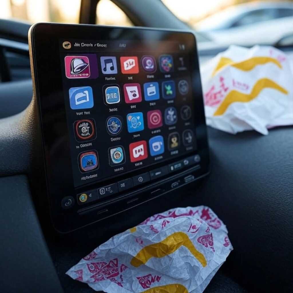 Touchscreen playlist, crumpled Taco Bell wrapper, messy vibe.