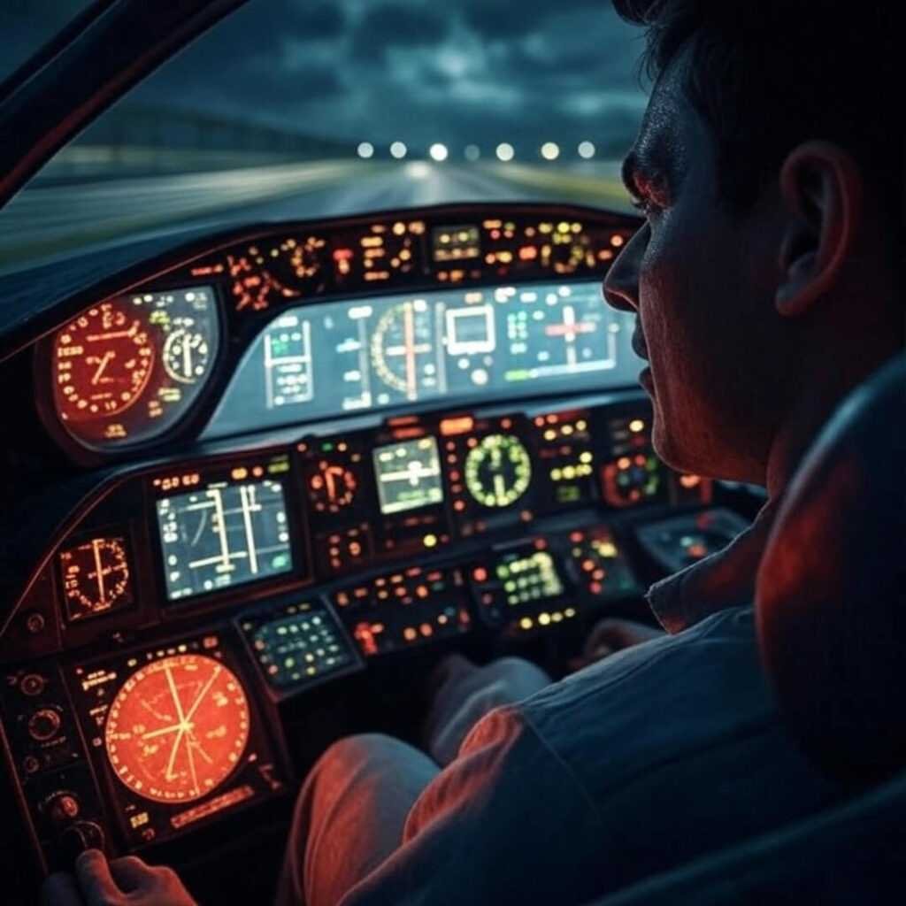 Noisy F1 cockpit, flashing data, driver’s shaky POV.
