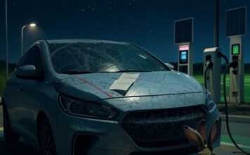 Zero-Emissions Road Trips: Charging Stations and Green Highways Scratched EV at charging station, jackrabbit nibbling cord.