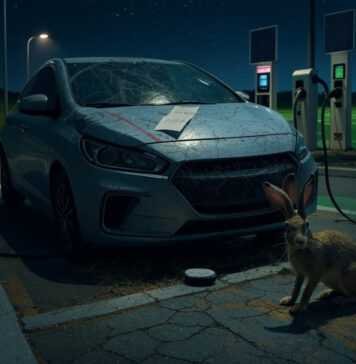Zero-Emissions Road Trips: Charging Stations and Green Highways Scratched EV at charging station, jackrabbit nibbling cord.