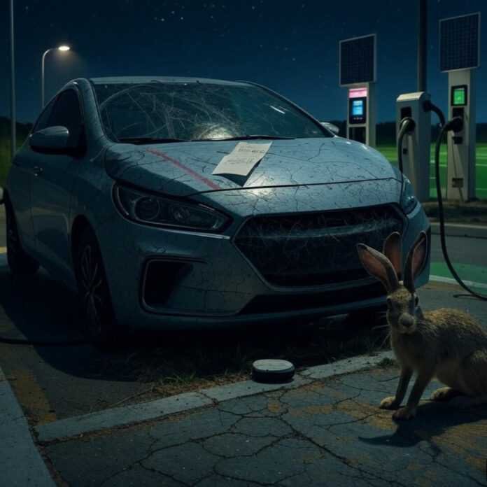 Scratched EV at charging station, jackrabbit nibbling cord.
