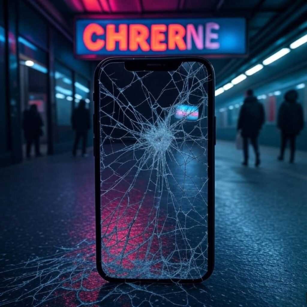 Cracked phone screen, flickering neon charger sign at night.