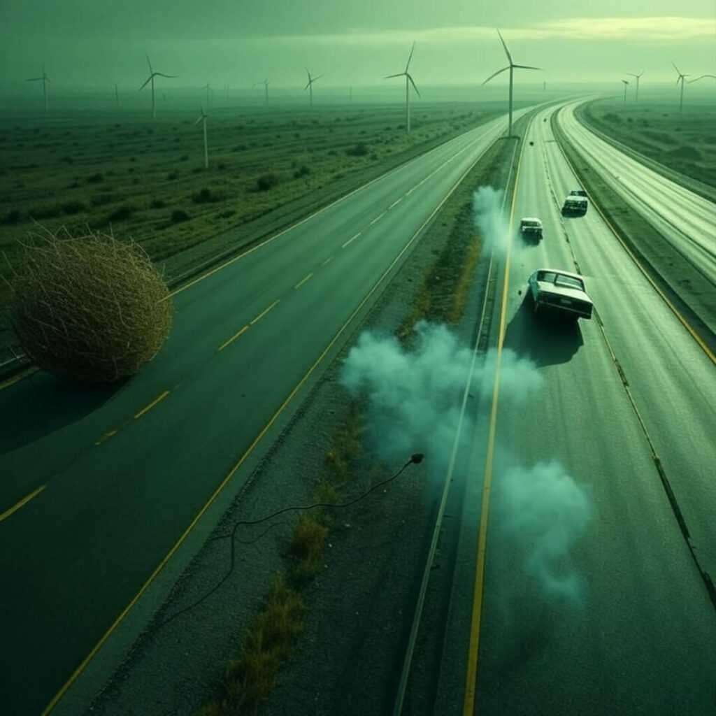 Retro green highway, limping car, tumbleweed with charger plug.