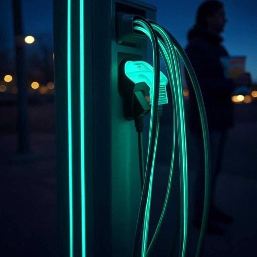 Twilight charging station, teal cables, blurry figure, chips.