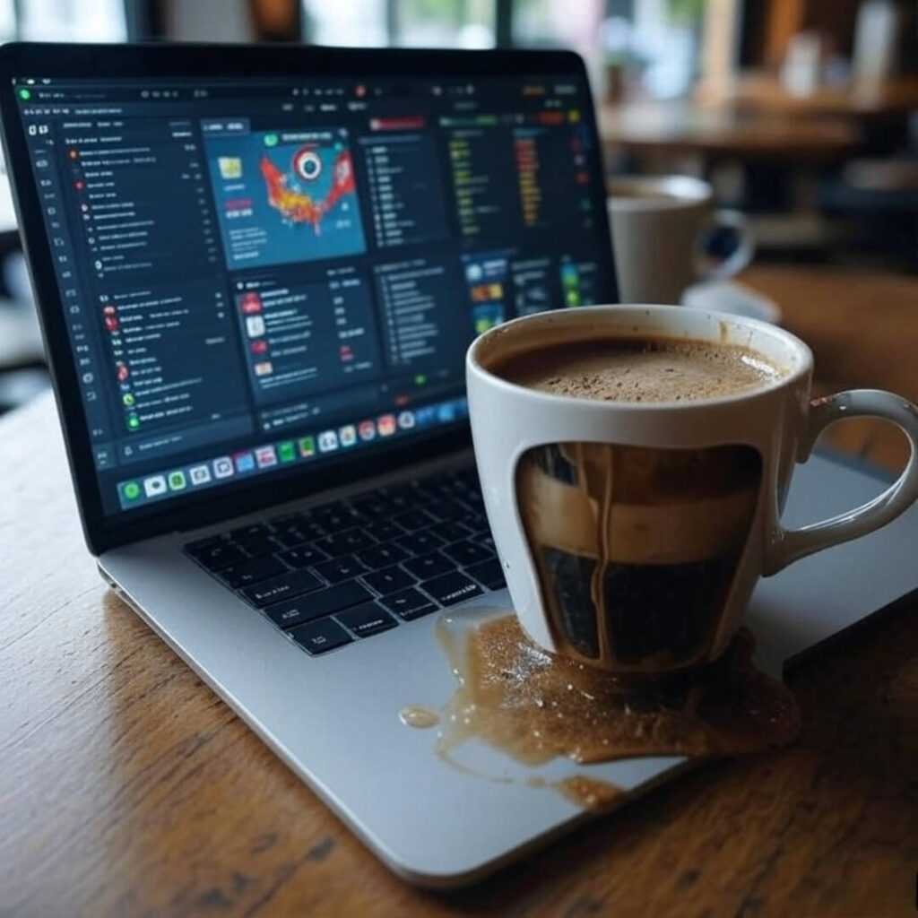Retro laptop, chaotic F1 data, spilled coffee mug.