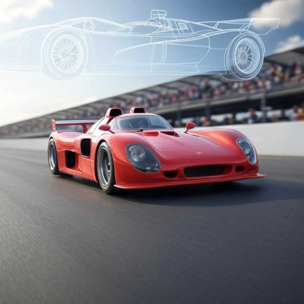 Racecar speeds, faint 3D blueprint overlay, crowd view.