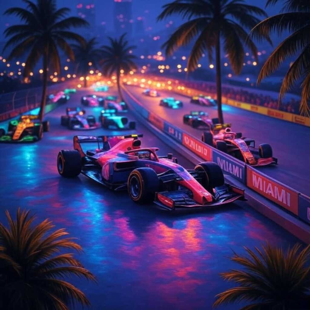 Impressionistic Miami Grand Prix, neon cars, rooftop party view.