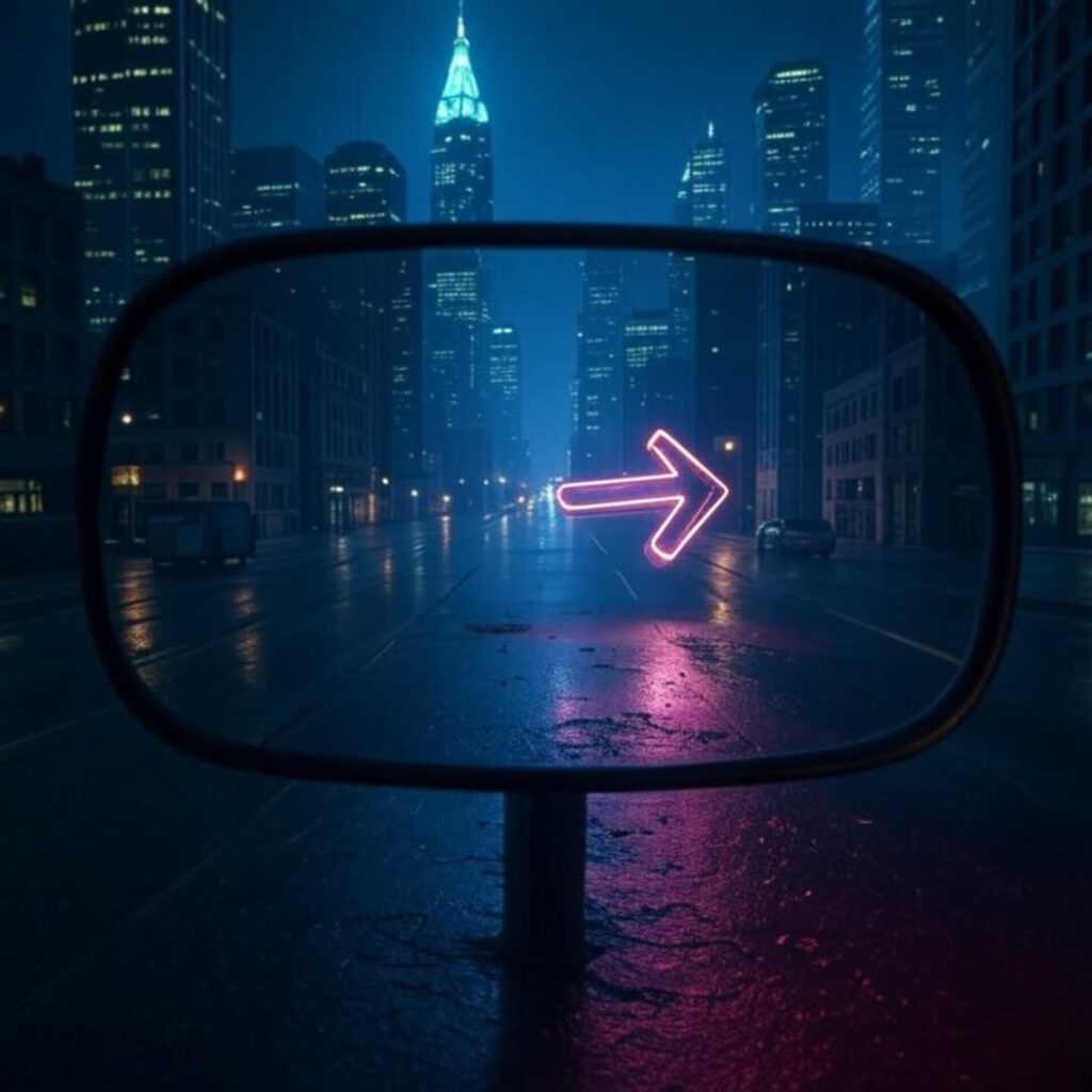 Rearview mirror cityscape, neon arrow floating mysteriously.