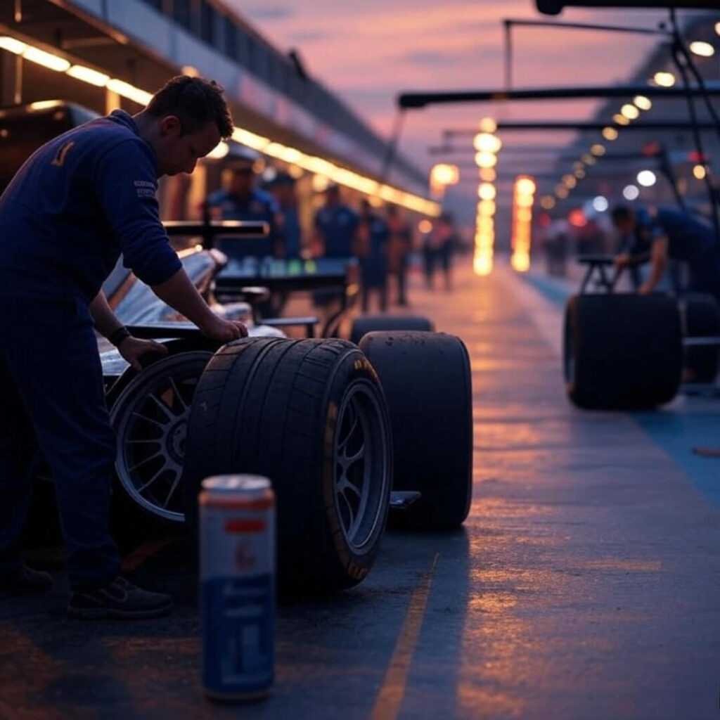 Impressionistic pit lane, glowing data, rolling energy can.