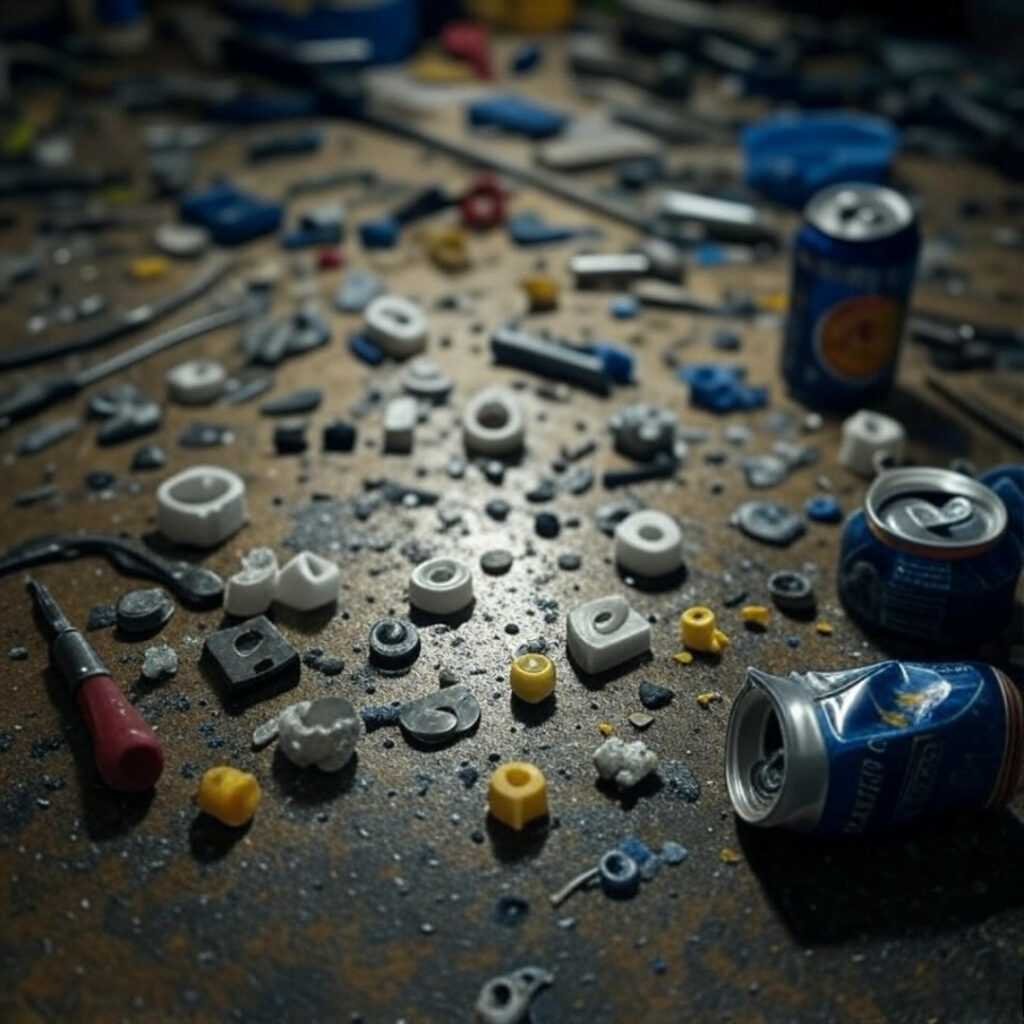 Messy workbench, 3D prototypes, tools, crumpled drink can.