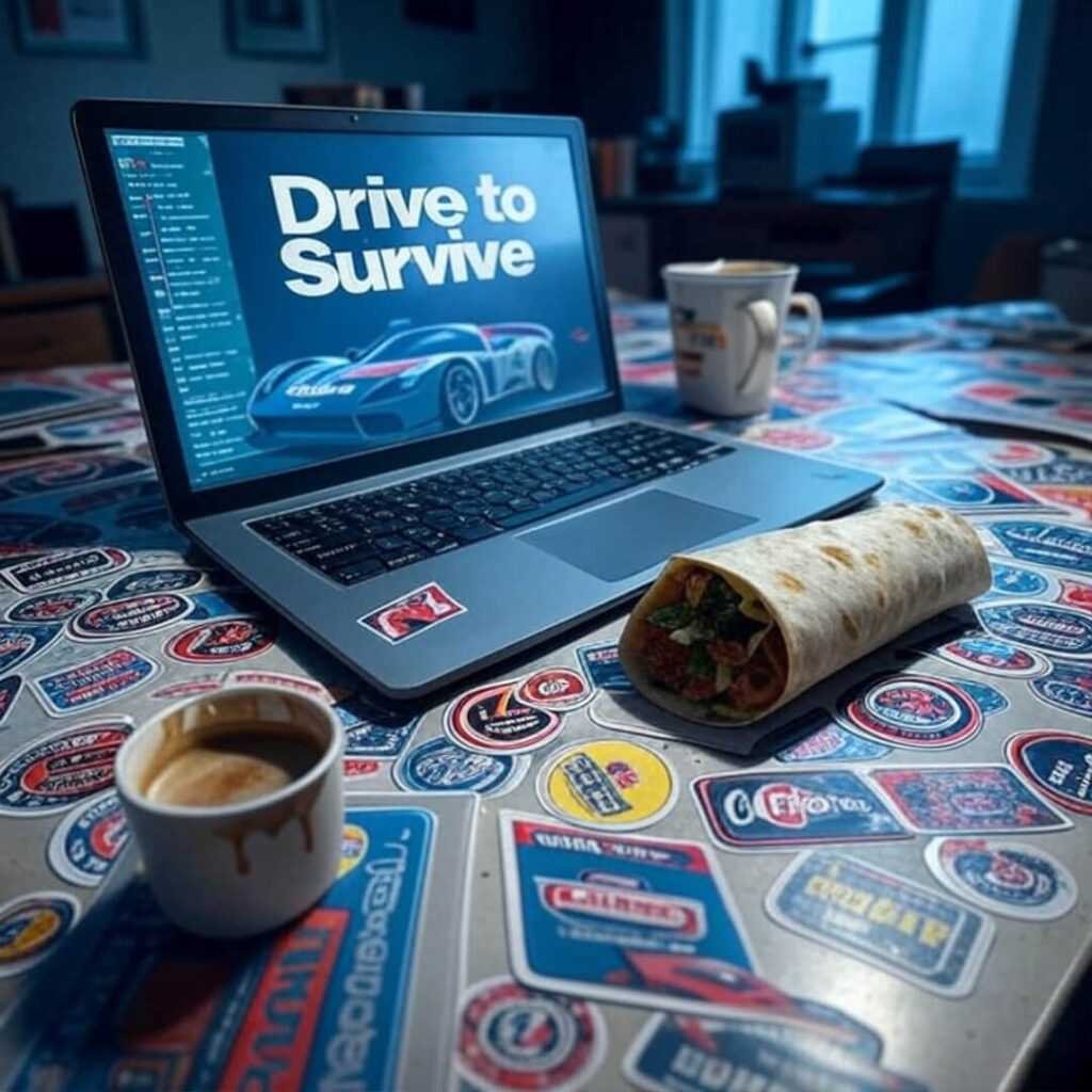 Retro desk with laptop, burrito, F1 stickers, coffee stains.