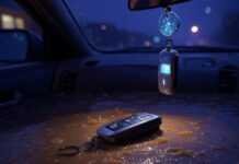 From Keyless Entry to Biometric Security: How Cars Are Becoming More Secure and Convenient Blurry key fob in puddle, glowing scanner, spaceship charm.