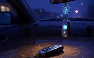 From Keyless Entry to Biometric Security: How Cars Are Becoming More Secure and Convenient Blurry key fob in puddle, glowing scanner, spaceship charm.