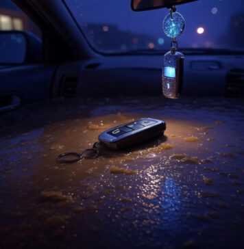 From Keyless Entry to Biometric Security: How Cars Are Becoming More Secure and Convenient Blurry key fob in puddle, glowing scanner, spaceship charm.
